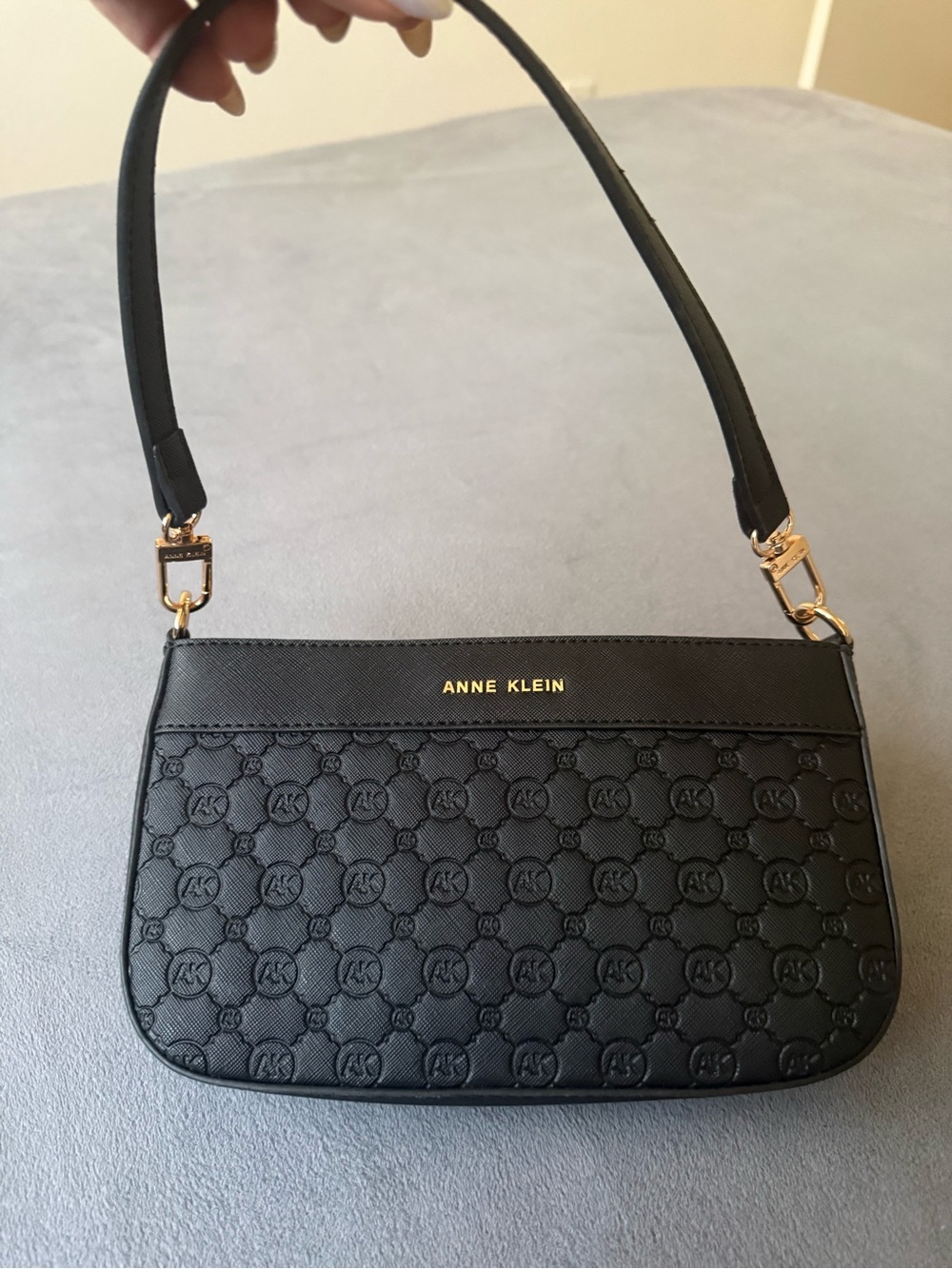 Anne Klein Black Embossed Logo Shoulder Bag with Gold Hardware